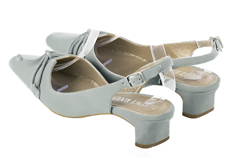 Aquamarine blue women's open back shoes, with a knot. Tapered toe. Low kitten heels. Rear view - Florence KOOIJMAN